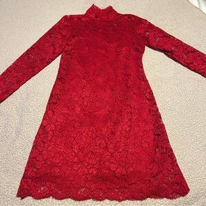 4P - Sharagano Red Lace Long Sleeve Dress